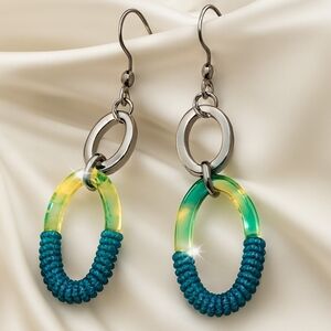 Tropical Radiance Dangle Earrings – Gradient Resin Ovals w Teal Beads &  Silver